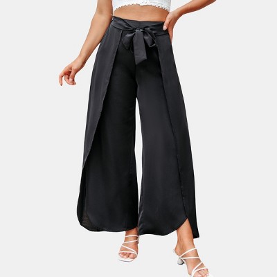 Women's Elegant Wide-Leg Palazzo Pants with Satin Bow Belt - Cupshe