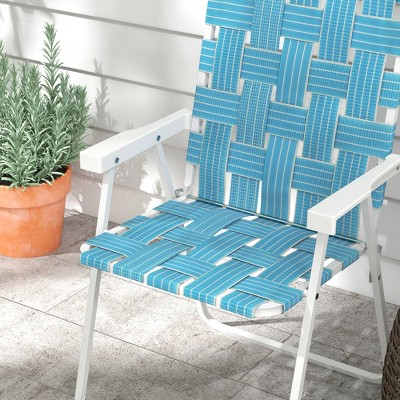 Blue Woven Strap Steel Folding Patio Chairs with Armrests, Set of 2