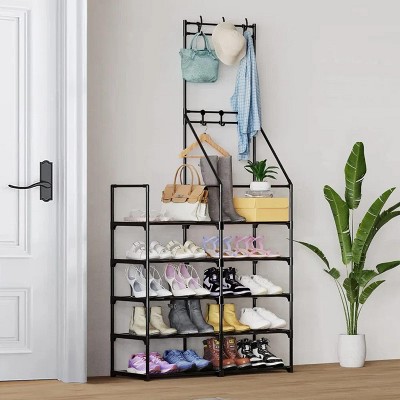 DOMETOUR 5 Tiers Shoe Rack Organizer Space-Saving Shoe Rack for Closet Non-Woven Fabric Shoe Shelf Black