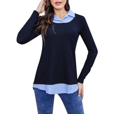 Women's Long Sleeve Contrast Collared Shirts Patchwork Work Blouse Tunics Tops