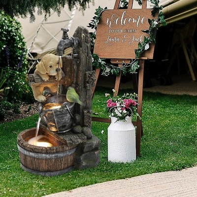 Farmhouse Brown Resin Fountain with Puppy and Bird Scene