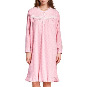YafeMarte Women’s Long Sleeve Polka Dot Fleece Nightgown with Lace Trim and Ruffle Design - 1 of 4