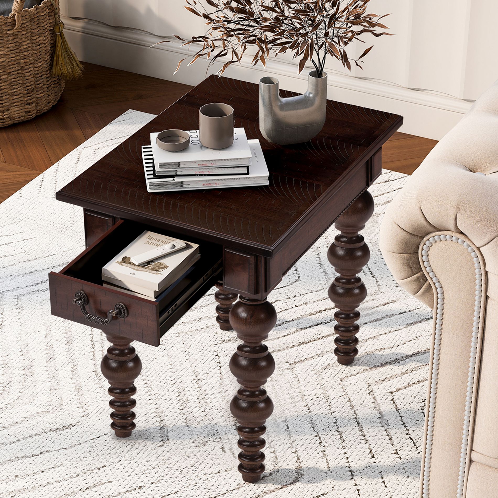 ORRD Solid Wood End Table with Drawer, Vintage Narrow Side Table with Bubble Spindle Legs for Living Room, Sofa, Farmhouse Bedroom,Espresso