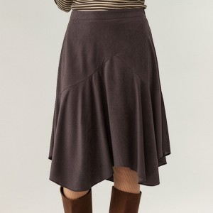 Anna-Kaci Women's Faux Suede Asymmetrical Midi Skirt with Flared Hem and Paneled Design - 1 of 4