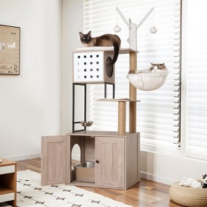 Kumasinova Modern Cat Tree Tower with Litter Box Enclosure,Cat Tower with Scratching Post&Feeding Bowl,Cat Trees with Removable Teaser Wand,Gray+White - 1 of 4