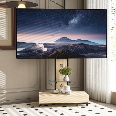 Wood And Glass TV Stand With Push-pull Drawer,Floor Stand With Mount On Lockable Wheels,TV Stand Corner For TVs Up To 75" -The Pop Home