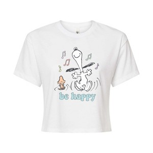 Women's - Peanuts - Be Happy Snoopy And Woodstock Cropped Graphic T-Shirt - 1 of 4