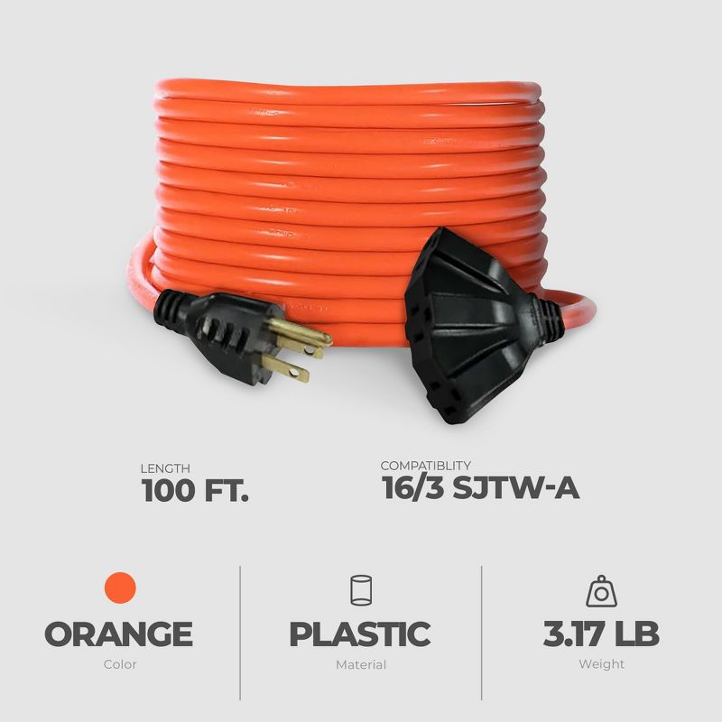 Master Electrician 100 Feet Outdoor Extension Cord with Fan Tap and Inline Circuit Breaker for Tools and Home Improvement, Orange, 3 of 7