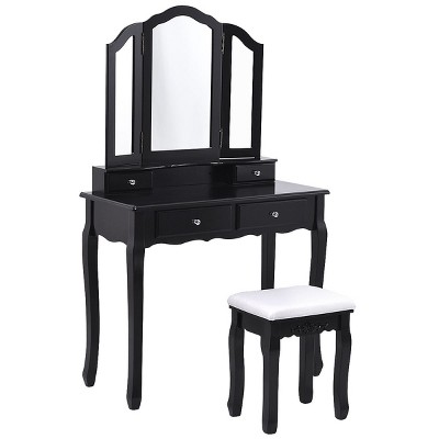 Tangkula Removable Tri-folding Mirror Vanity Table Unit Makeup Set w/ Stool & 4 Drawers