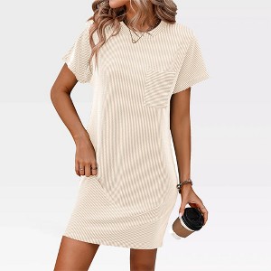 Womens Striped Summer T-Shirt Dress Lounge Pajamas Dress Casual Shirt Dresses Swing Flowy Tunic Fashion Loose Sundress with Faux Pockets - 1 of 4