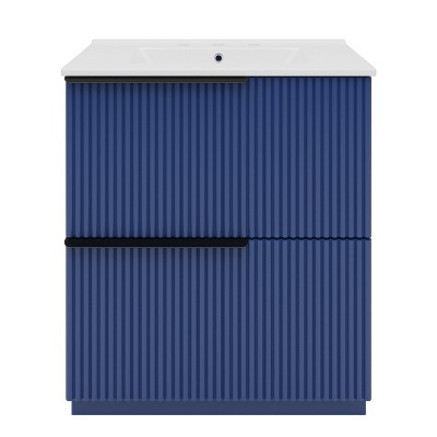 Vynxaria 30 Inch Blue Fluted Bathroom Vanity with Ceramic Sink One Complete Set Solid Wood Cabinet Two Full Extension Soft Close Drawers 17 Inch