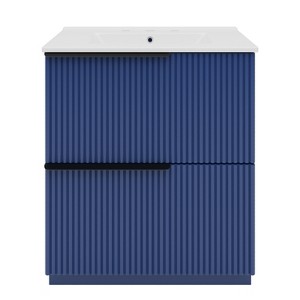 Vynxaria 30 Inch Blue Fluted Bathroom Vanity with Ceramic Sink One Complete Set Solid Wood Cabinet Two Full Extension Soft Close Drawers 17 Inch - 1 of 4