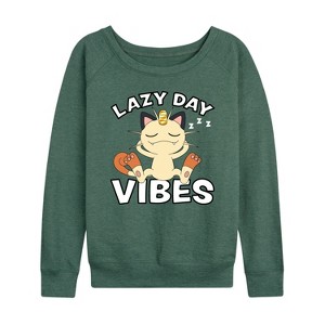 Women's - Pokémon - Lazy Day Vibes Meowth Lightweight French Terry Wide Neck Long Sleeve Shirt - 1 of 4