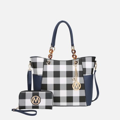 MKF Collection Bonita Checker Tote & Wallet Set - Stylish Vegan Leather Bag by Mia K - Navy