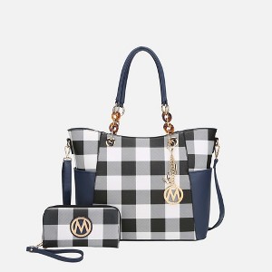 MKF Collection Bonita Checker Tote & Wallet Set - Stylish Vegan Leather Bag by Mia K - Navy - 1 of 4