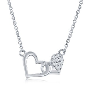 Bella Silver Sterling Silver Double Heart Necklace - White CZ - Silver - 16+2 Inch - 1 of 2