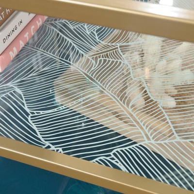 Satin Gold Square Coastal Glass Coffee Table with Abstract Shelves