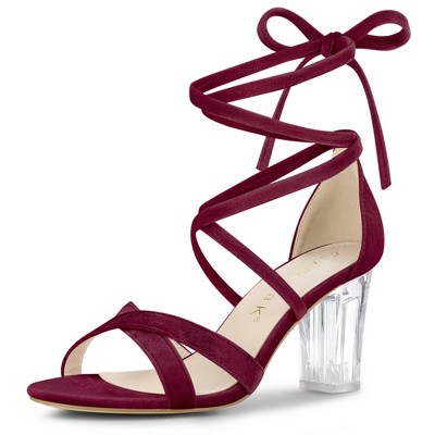 Allegra K Women's Velvet Lace Up Clear Heels Block Heel Sandals