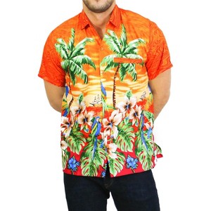 LA LEELA Mens Hawaiian Shirts Short Sleeve Button Down Shirt Men's Tropical Casual Holiday Party Caribbean Shirts for Men XS Long Tailed Macaw Orange - 1 of 4