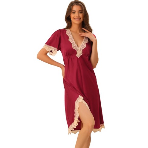 Women Satin Nightgown Lace Trim V Neck Long Nightdress Short Sleeve  Homewear Long Dress Sleepwear Satin Silky Pajamas