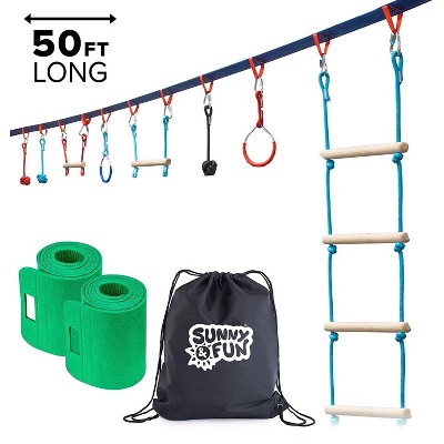 Sunny & Fun Portable 50 Ft. Slackline Monkey Bar and Ladder Kit -  Kids Gym Swinging Obstacle Course Set - Warrior Training Bars, Gymnastic Rings - Carry Bag & Tree Protectors