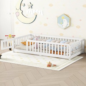 Toddler Floor Bed Frame With Safety Guardrails, Doors, Wood Slat Support Bed, Detachable Platform Bed For Kids Girls Boys - 1 of 4
