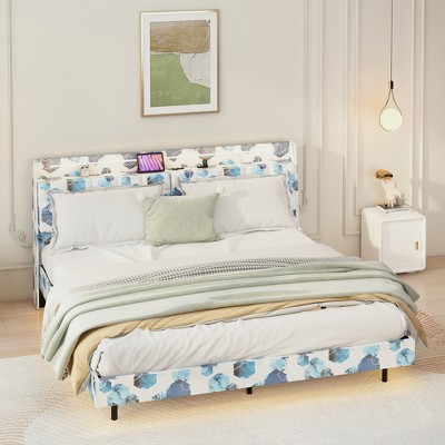 NicBex Queen/King Floating Bed Frame with LED and Charging Station,Upholstered Bed Frame with Headboard and Hidden Storage Space,No Box Spring Needed