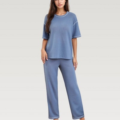 Anna-Kaci Lounge Women's Waffle Knit Pajama Set with Short Sleeve Top and Relaxed Fit Wide Leg Pants