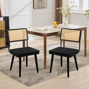 Mid Century Dining Chairs Set of 2,Natural Rattan Woven Back with Velvet Seat - 1 of 4