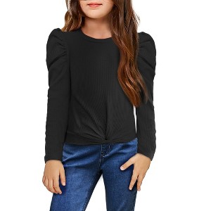 Arshiner Girls Puff Long Sleeve Shirts Twist Front Ribbed Knit T Shirt Crop Tops Tee Blouse Black 7-8 Y - 1 of 4