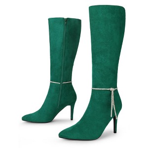 Allegra K Women's Rhinestone Crystal Chain Pointed Toe Stiletto Heels Knee High Boots - 1 of 4