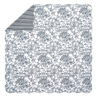 Blue Cotton Full Reversible Quilt Set with Scallop Edges