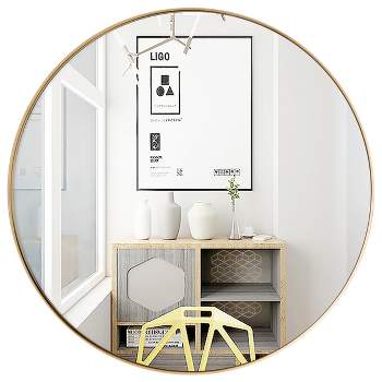 27.5''Modern Metal Wall-Mounted Round Mirror for Bathroom Entryway Gold