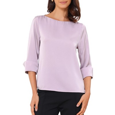 INSPIRE CHIC Women's Satin Dressy 3/4 Sleeve Boat Neck Work Blouse
