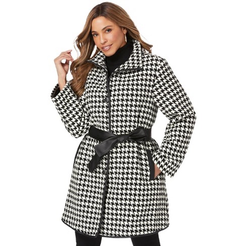 Jessica London Women’s Plus Size Faux Leather Trimmed Wool Jacket, 28 W -  Ivory Houndstooth