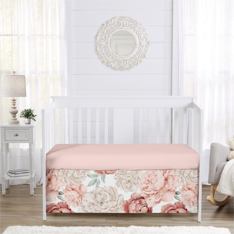 Sweet Jojo Designs Girl Baby Crib Bed Skirt Peony Floral Garden Pink and Ivory, 3 of 5