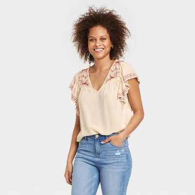 Women's Flutter Short Sleeve Embroidered Top - Knox Rose™ Oatmeal XL