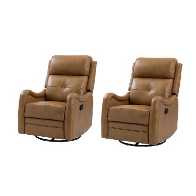 Set of 2 Flavio Genuine Leather Swivel Rocker Recliner with nailhead trims for living room | ARTFUL LIVING DESIGN