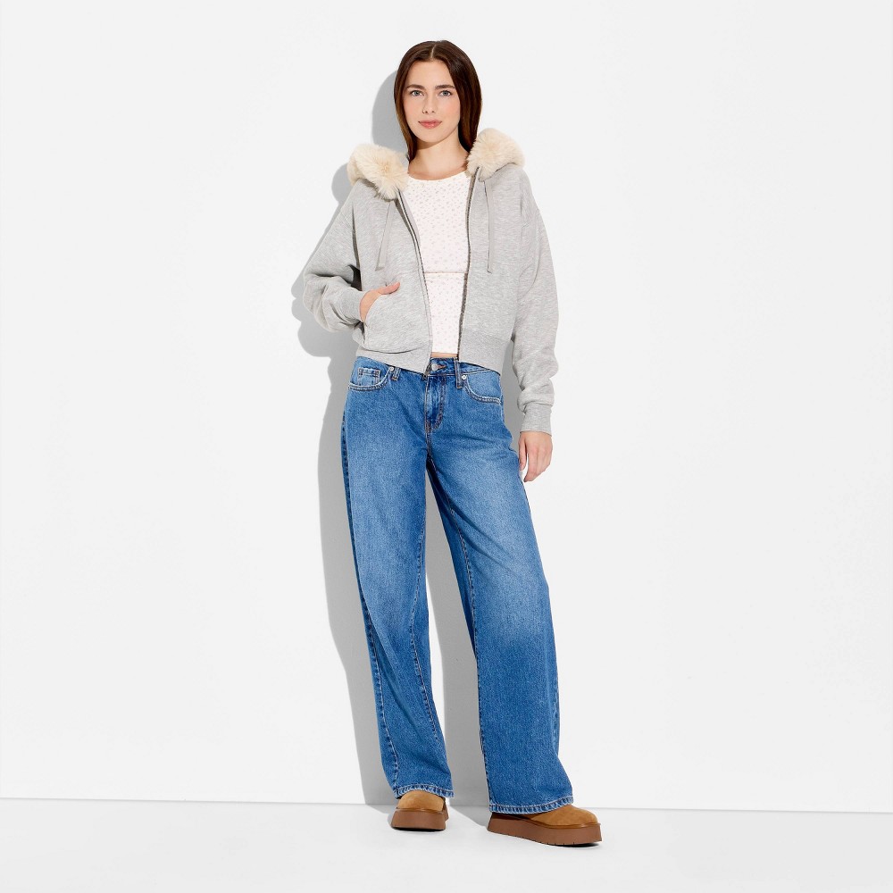 Women's Faux Fur Trim Hooded Zip-Up Sweatshirt - Wild Fable™ Heather Gray M