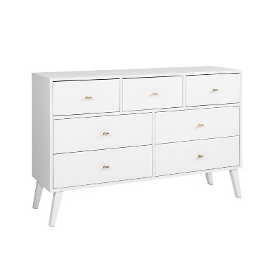 White Mid-Century Modern Double Dresser with Brass Knobs
