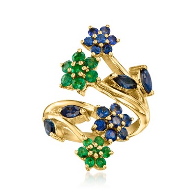 Ross-Simons 1.40 ct. t.w. Sapphire and .60 ct. t.w. Emerald Floral Ring in 18kt Gold Over Sterling Size 7