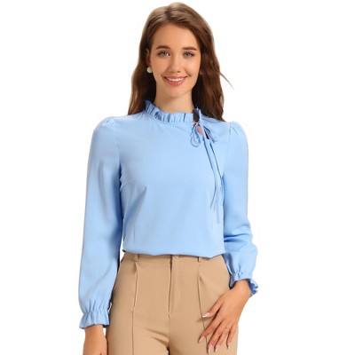 INSPIRE CHIC Women's Elegant Long Sleeve Ruffle Tie Neck Business Work Top