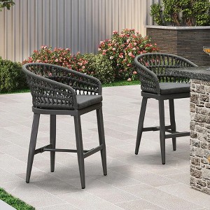 PURPLE LEAF Outdoor Rattan Bar Stools Set of 2 Modern Boho Aluminum Patio Bar Height Chair with Cushion for Garden Outdoor and Indoor - 1 of 4