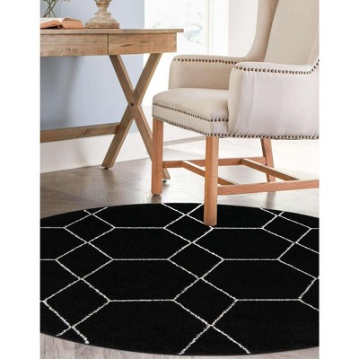 5' Round Black and Ivory Trellis Synthetic Area Rug