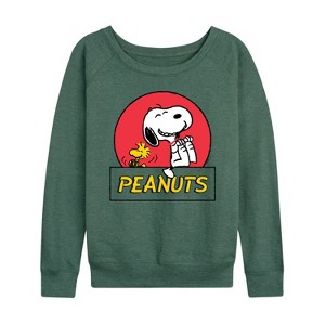 Women's - Peanuts - Snoopy Woodstock Circle Lightweight French Terry Wide Neck Long Sleeve Shirt - 1 of 4