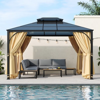 VYNXARIA 10*12 Outdoor Gazebo,Heavy Duty Double Roof Patio Gazebo with Aluminum Frame,Double-Layer Side Walls Mosquito Netting&Privacy Curtains,Beige