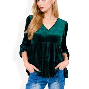 Anna-Kaci Women's Long Sleeve V-Neck Velvet Babydoll Top with Gathered Waist - 1 of 4