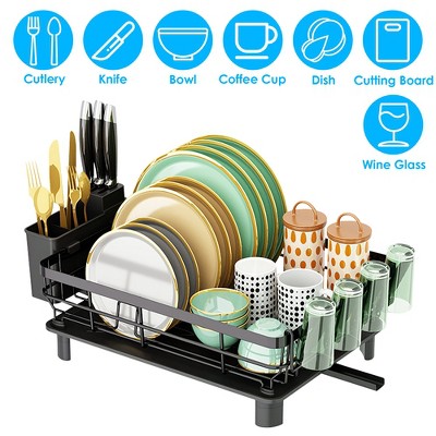 Black Carbon Steel Multi-Functional Dish Drying Rack with Utensil Holder