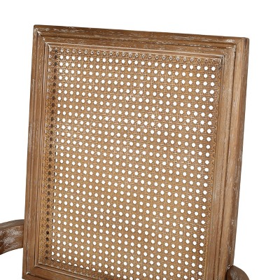 French Country Elegance Beige & Natural Wood Cane Upholstered Arm Chair
