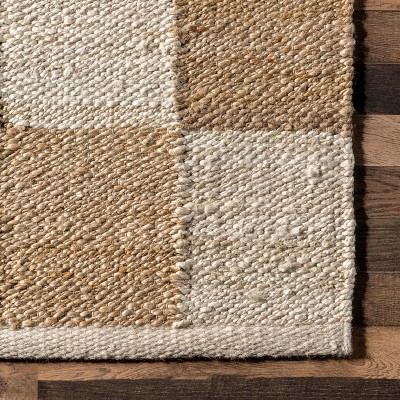 Ivory and Beige Checkered Cotton Jute Rectangular Rug